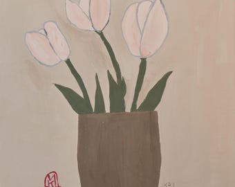 3 Tulips in Vase Still Life Original Painting 9x12 inches on paper