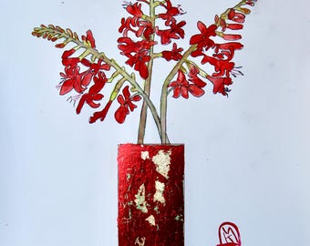 Crocosmia Original Painting Red Lucifer in Red Metallic Vase