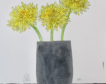 3 Yellow Spider Mums Minimalist Original Painting