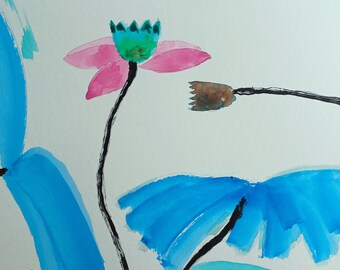 Lotus Flower Painting Simplicity and Minimalist Blues and Pinks Modern Brush Stroke Style Original Painting 9x8" Watercolor and Ink