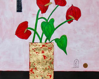 Anthurium or Flamingo Flower Original Painting Red Gold Metallic