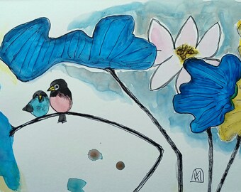 Asian brush stroke style watercolor and ink painting of lotus flower, lotus leaves, water, and two birds. Blue, gamboge, pink.