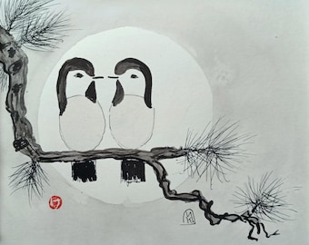 Two Birds in Tree Original Sumi Ink Painting