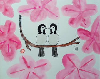 Stylized Birds and Pink Leaves Original Watercolor Painting
