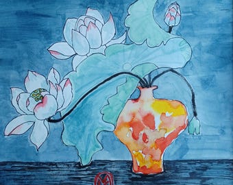 Orange Vase with Lotus Flowers Original Watercolor Painting