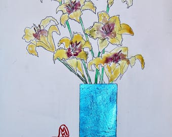 Daylily Hemerocallis Original Painting Blue Vase
