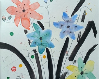 Four Flowers Sumi Ink Painting Asian watercolor style pink blue yellow 8x8" on paper