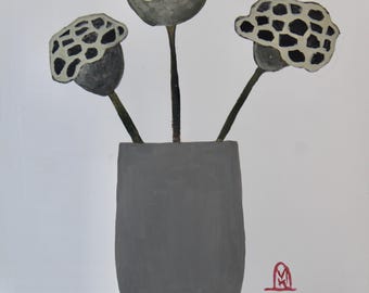 3 Lotus Pods in Vase Original Acrylic Painting Grays Neutral Colors