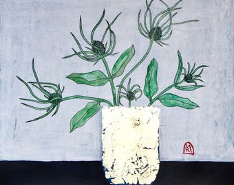 Common Teasel Original Painting in Gold Vase