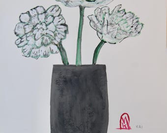 Carnations in a Gray Vase 9x12 inches acrylic painting on paper