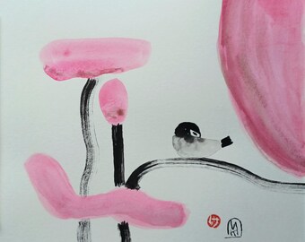 Pink Bird and Lotus Original Painting Small Affordable