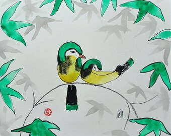 Green Small Affordable Bird Watercolor Ink Painting