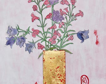 Backyard Bouquet Bluebells and Penstemon  Original Floral Painting