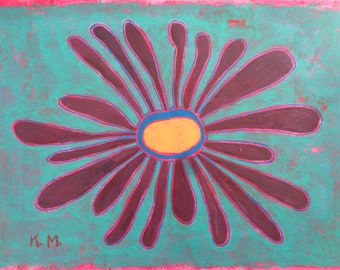 Large Abstract Flower Art Painting Original Purple petals Turquoise Background Modern Contemporary on paper 18x24" Yellow Red Minimalism Zen