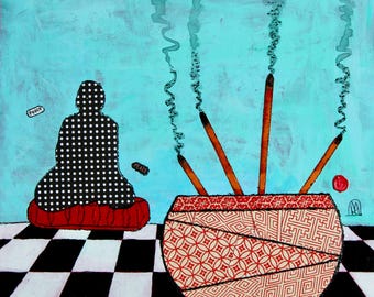 Incense Bowl With Meditating Buddha Original Zen Painting-Collage