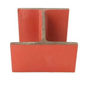 May include: A red metal I-beam with a T-shaped cross-section. The beam is painted a bright orange color.