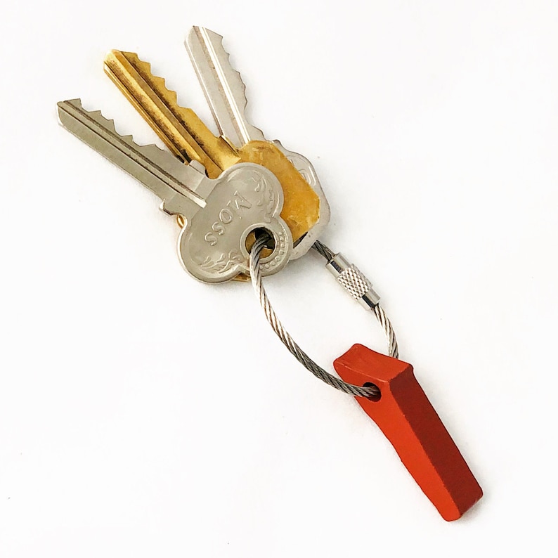 May include: A set of keys attached to a silver cable keychain with a red tag. The keys are silver and gold-toned. One key has the word "MOSS" on it. The keychain is against a white backdrop.
