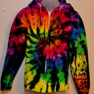 Custom Tie Dyed Zippered Hoodie.  Rainbow swirl with black overlay