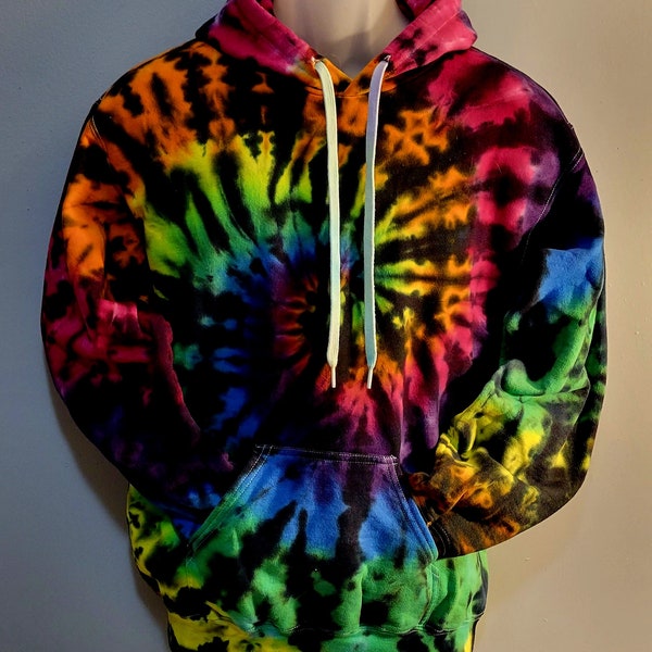 Gildan Tie Dye Hoodie.  Rainbow Swirl with Black