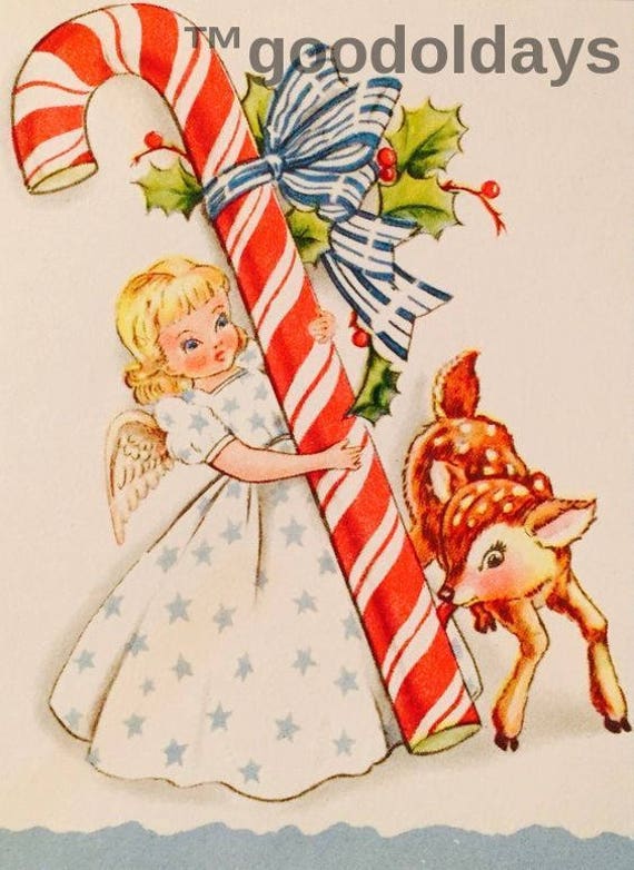 Adorable vintage Christmas candy cane angel image photo scrap | Etsy
