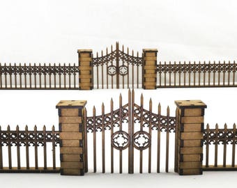 Gothic Fence with Gates and Pillars - Model Scenery Layout Diorama Halloween