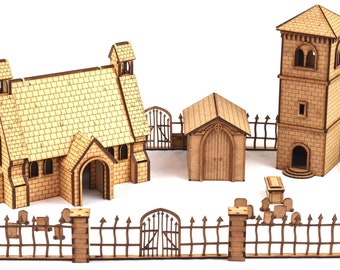 War World Gaming Medieval Town Church & Belfry with Gated Graveyard – 28mm Fantasy Wargame Terrain Model Diorama