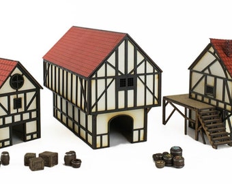 Set middeleeuwse stadsterreinen: huisje, herenhuis, schuur en harsaccessoires