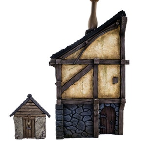 May include: A miniature model of a two-story building with a stone foundation and a wooden frame. The building has a brown roof with a chimney and a small outhouse next to it.