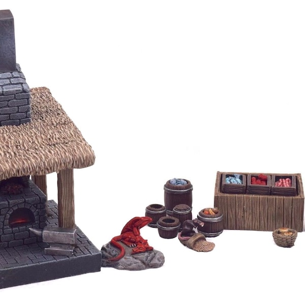 War World Gaming Fantasy Village Blacksmith Forge & Street Market Set – 28mm Wargaming Terrain Model Scenery