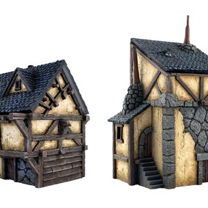 May include: Five miniature wooden houses with black roofs and stone accents. The houses are painted in shades of brown, beige, and gray. The houses are all different sizes and shapes, and they have various details, such as windows, doors, and chimneys.