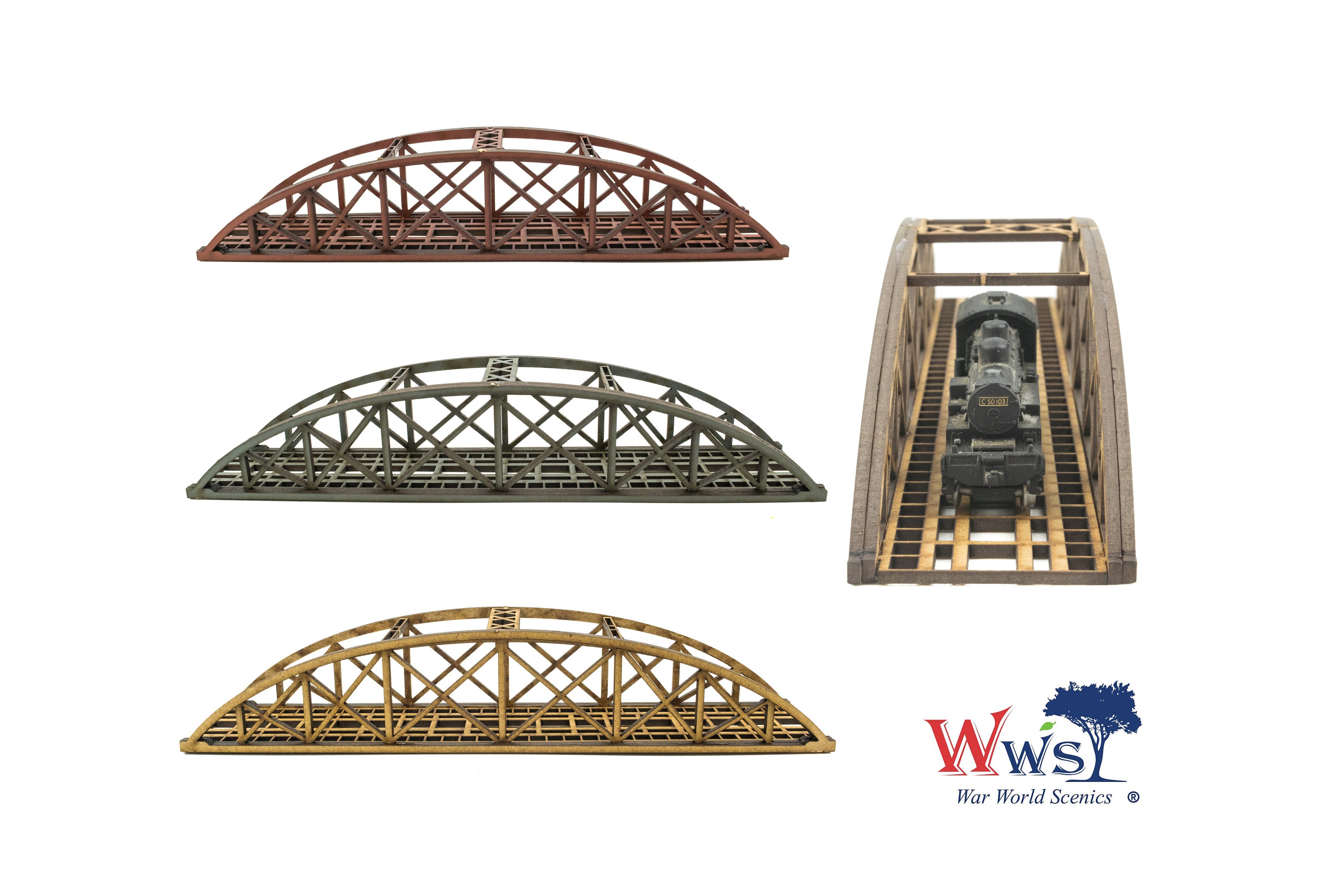 WWS Double Track N-Gauge Red MDF Railway Bowstring Bridge 200mm 