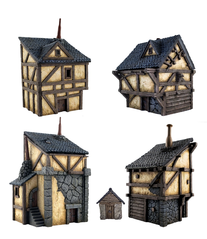 WWG Fantasy Village Set of 4 Houses \u2013 28mm Medieval Wargaming Terrain Model Scenery