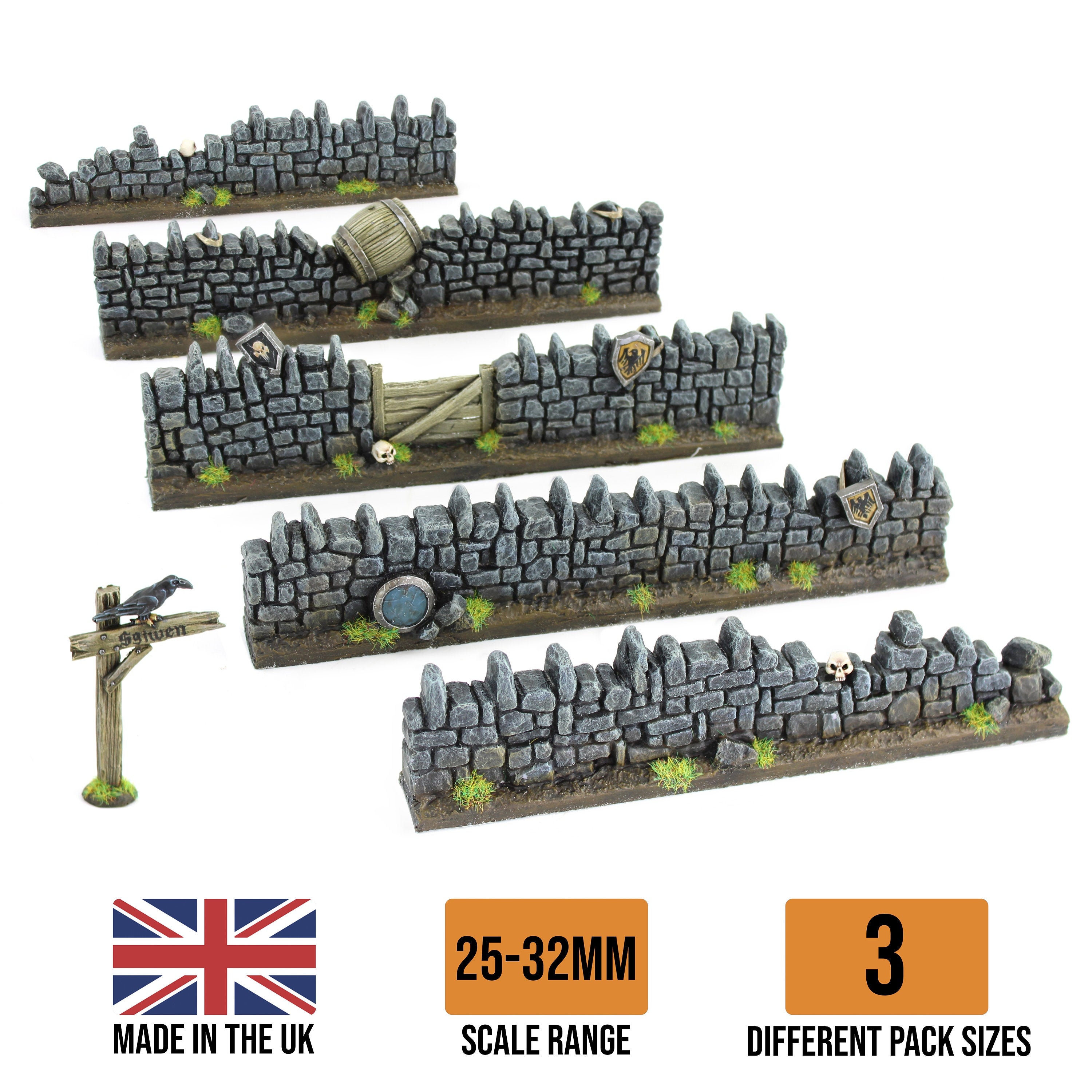 Detailed Fantasy Resin Walls with 1 Signpost  (Set of 5, 10 or 20) - Scale 25-32mm Wargame Scenery Model Miniature Diorama Fence Terrain