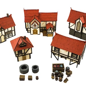 May include: A collection of miniature medieval buildings with red tiled roofs, white walls, and dark brown timber frames. The set includes wells, barrels, and a market stall. Perfect for tabletop gaming or model building.