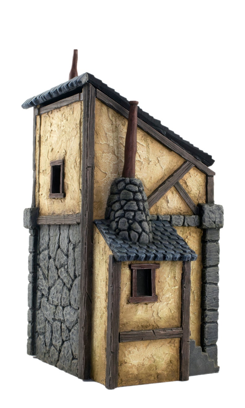 May include: A miniature stone and wood building with a brown roof and two chimneys. The building has a stone wall on one side and a wooden wall on the other. The building has two windows and a door.