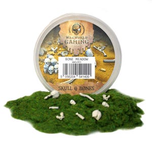 May include: A clear plastic container with a label that reads "War World Gaming" and "Bone Meadow." The container sits on a bed of green moss with small white skulls and bones scattered around. The text "Skull & Bones" is also visible.