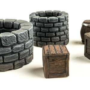 Fantasy Village Set of Wells, Crates & Barrels – 28mm Medieval Wargaming Terrain Model Scenery