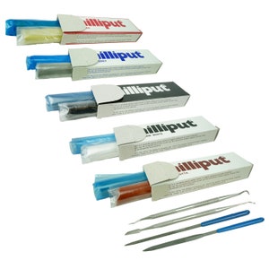 May include: An assortment of Illiput epoxy putty in various colors, including red, white, gray, and black, packaged in cardboard boxes. Several metal sculpting tools with blue handles are also visible.