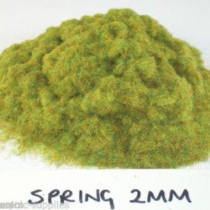 Może przedstawiać: Stosik 2 mm statycznej trawy w kolorze wiosennej zieleni do modelarstwa kolejowego lub miniaturowego krajobrazu. Trawa jest mieszanką jasnozielonego i ciemnozielonego.