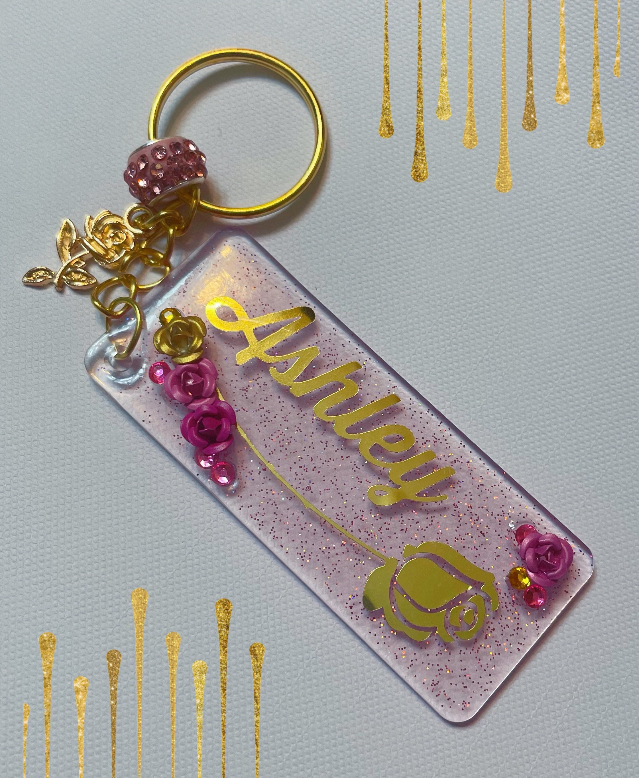 Pink rose keychain name resin art glitter keychain Etsy