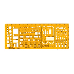 May include: A yellow plastic architectural drafting template featuring various geometric cutouts, including circles, squares, and furniture shapes. The tool includes printed markings such as K-220, M1:100, PEN 0.35, and M1:200 0.25, with a 23-inch ruler along the top edge.