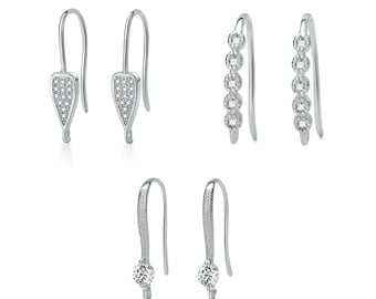 Sterling Silver Cubic Zirconia CZ Earring Hooks, 925 Sterling Silver Ear Wires French Hooks, Diamond Earring Hooks, White Gold Earring Hooks