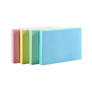 May include: A collection of rectangular sticky note pads in pastel shades: pink, yellow, green, and blue. The pads are arranged next to each other, with the blue pad at the front. The background is plain white.