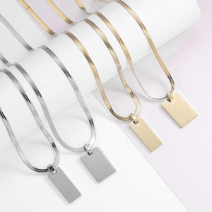 18K Gold Plated Charm Blank, Blank bar necklace, Stainless Steel Blanks, Engraving Pendant, Customizable Gold Charm Pendant w Snake Chains