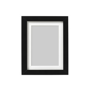 May include: A black picture frame with a white mount and a blank space for a photograph.