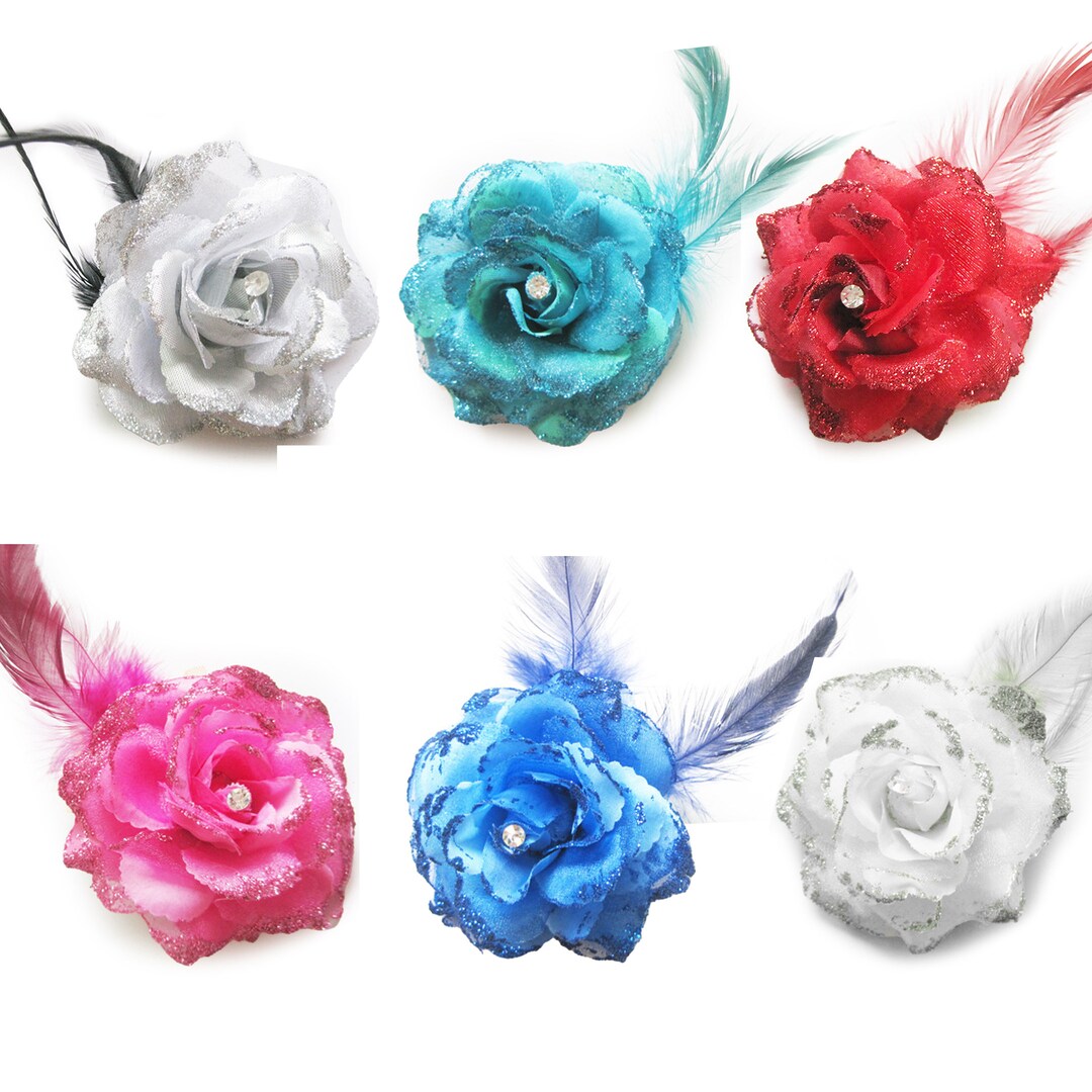 Beaded Rose Feather W/ Glitter, Artificial Flower Clip, DIY Millinery