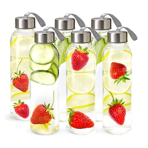 May include: Six clear glass water bottles with silver lids and grey handles. Each bottle is filled with water and fruit, including strawberries, lemons, and cucumbers.