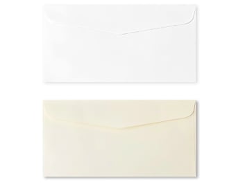 May include: Two rectangular envelopes with pointed flaps. The top envelope is a bright, solid white color, while the bottom envelope is a soft, off-white cream color. Both envelopes are positioned horizontally and feature a clean, smooth finish.