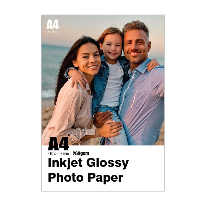 May include: A4 size inkjet glossy photo paper with a 260gsm weight. The paper is shown with a photo of a family of three on a beach.