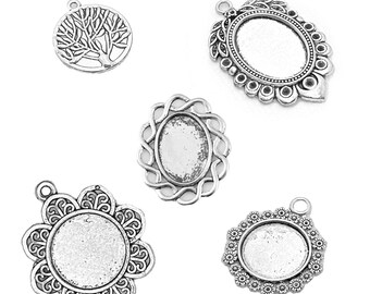 Antique Silver blank pendant, Round embroidery pendant, Oval Pendant, Embroidery necklace kit, Vintage Pendant, Handmade jewelry Supplies